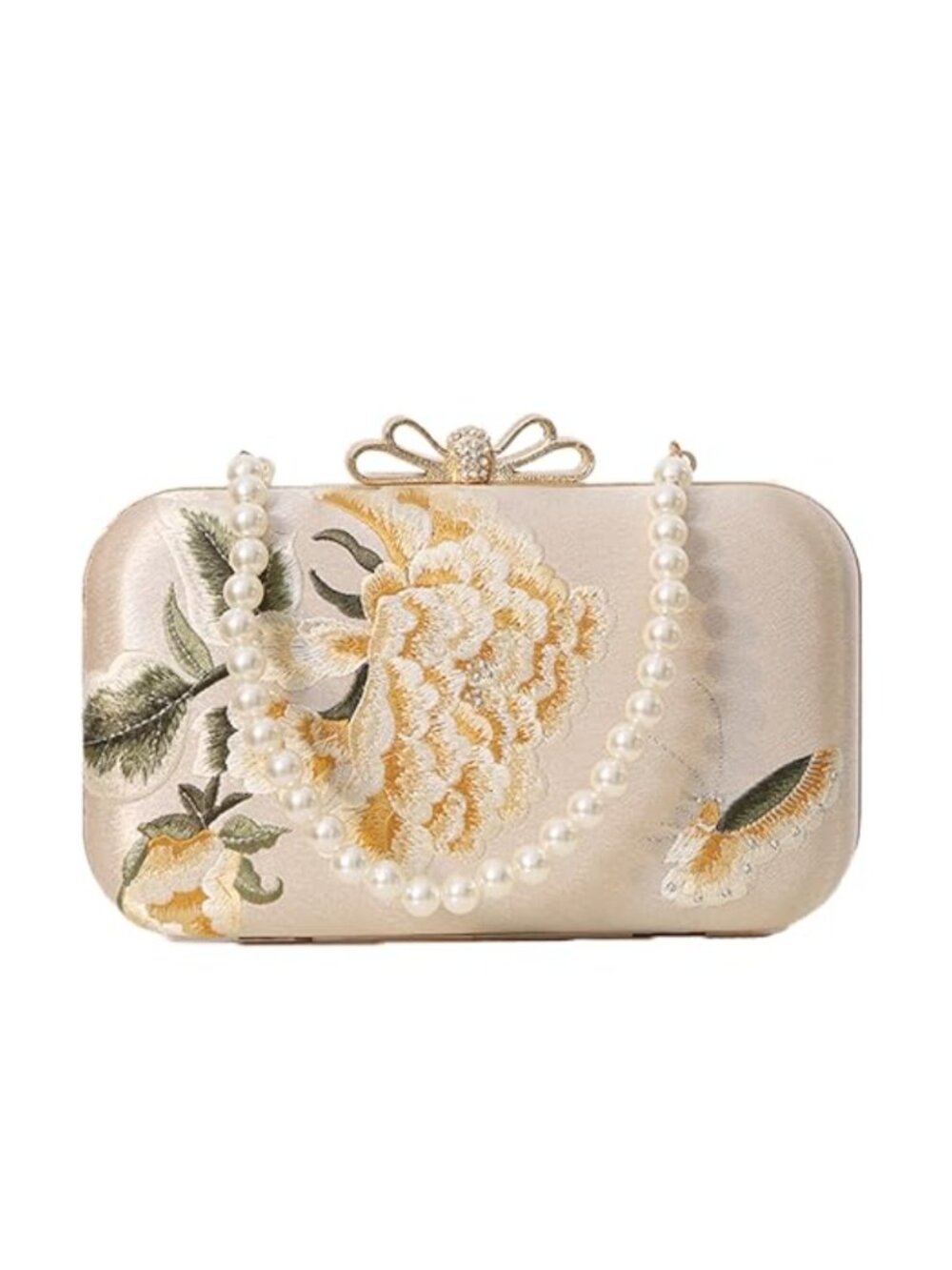Silk Satin Embroidered Floral Evening Clutch with Chain & Pearl Handle